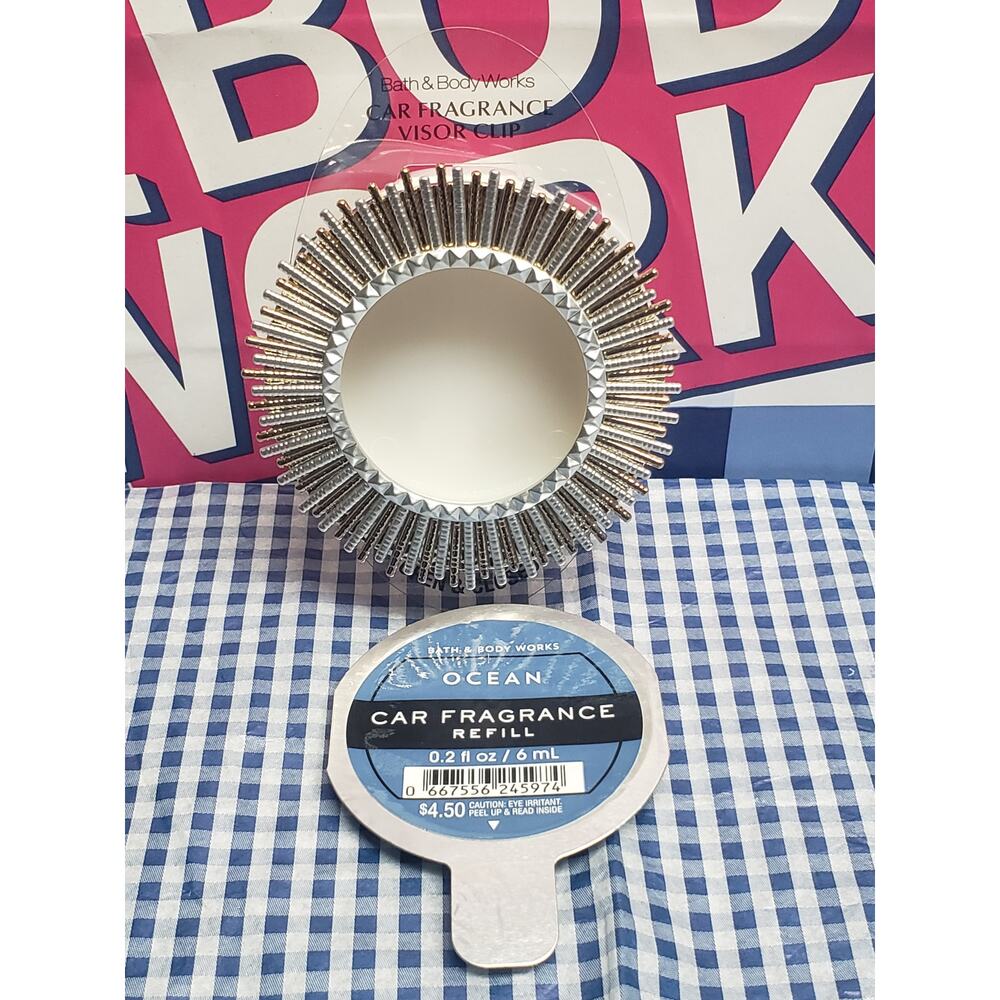 BBW Sunburst Gold & Silver Visor Clip Car Fragrance Holder w. Ocean Refill